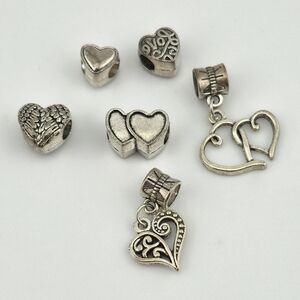 Silver Tone Heart Charm Lot Set of 7 Love Themed European Bracelet Beads